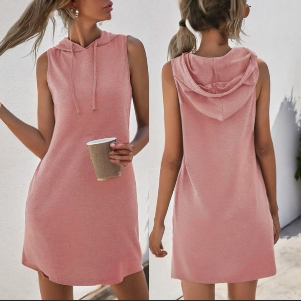 Casual dusty pink sleeveless hoodie dress